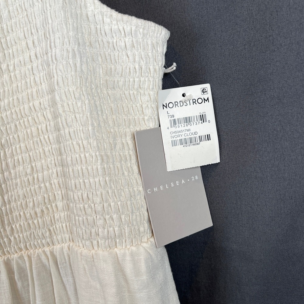 Chelsea28 Smocked Tiered Maxi Dress‎ Womens L Linen Blend White Milkmaid NWT - Picture 3 of 11